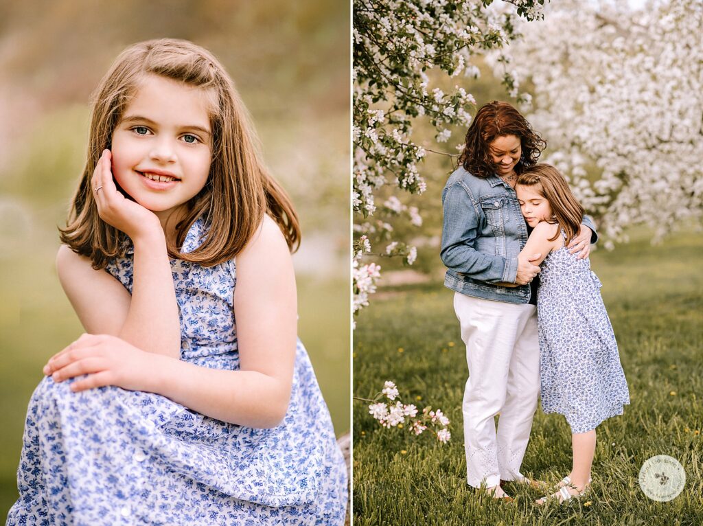 mom hugs daughter by spring blooms in MA gardens 