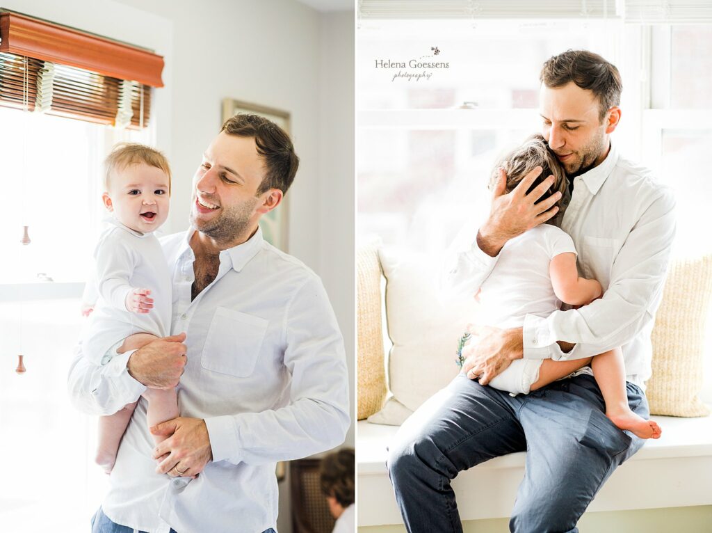 dad holds sons during Lifestyle Family Portraits in Weston MA