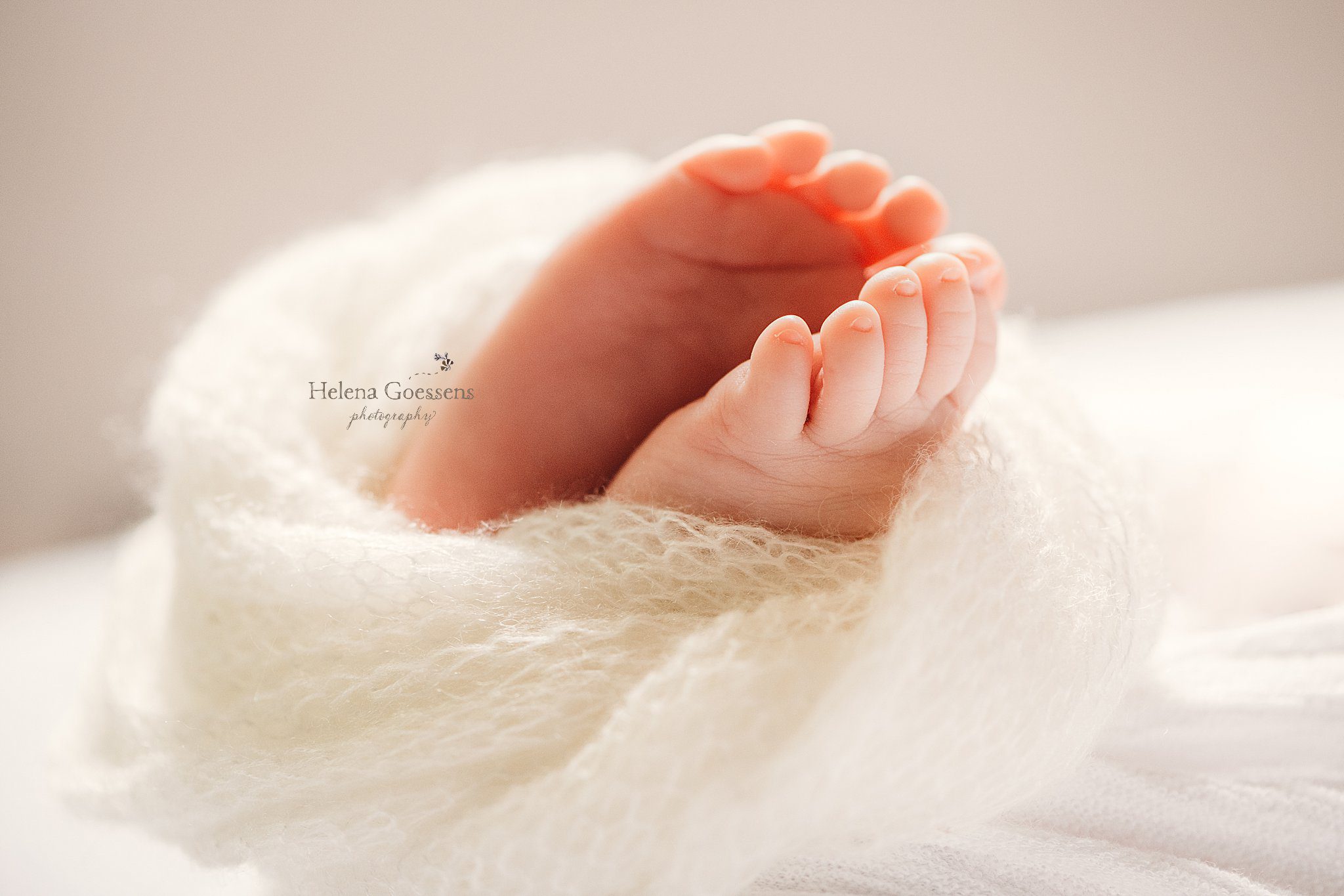 baby toes peek out of white wrap during Boston MA newborn session