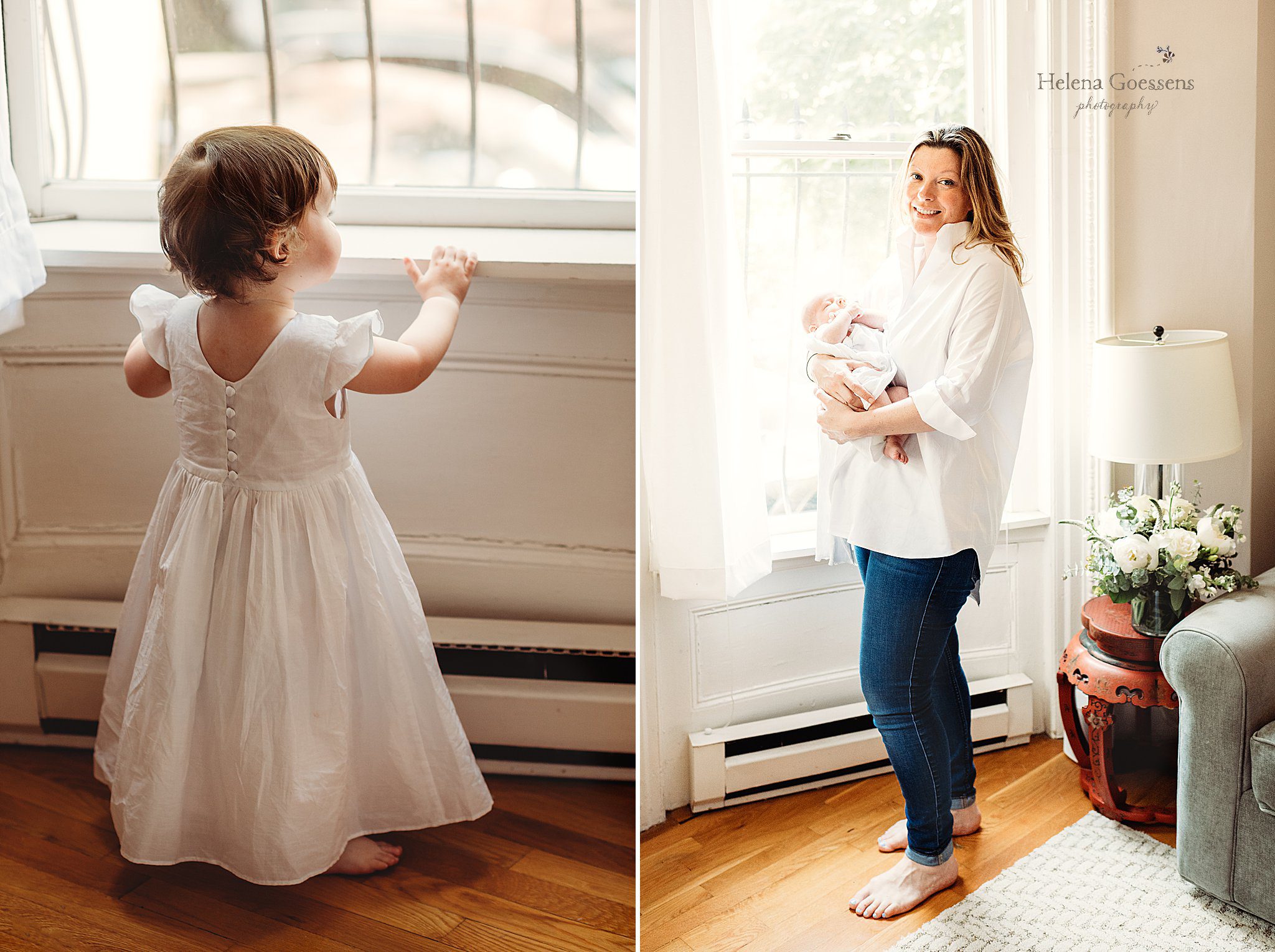 toddler looks out window while mom holds baby boy during South End newborn session