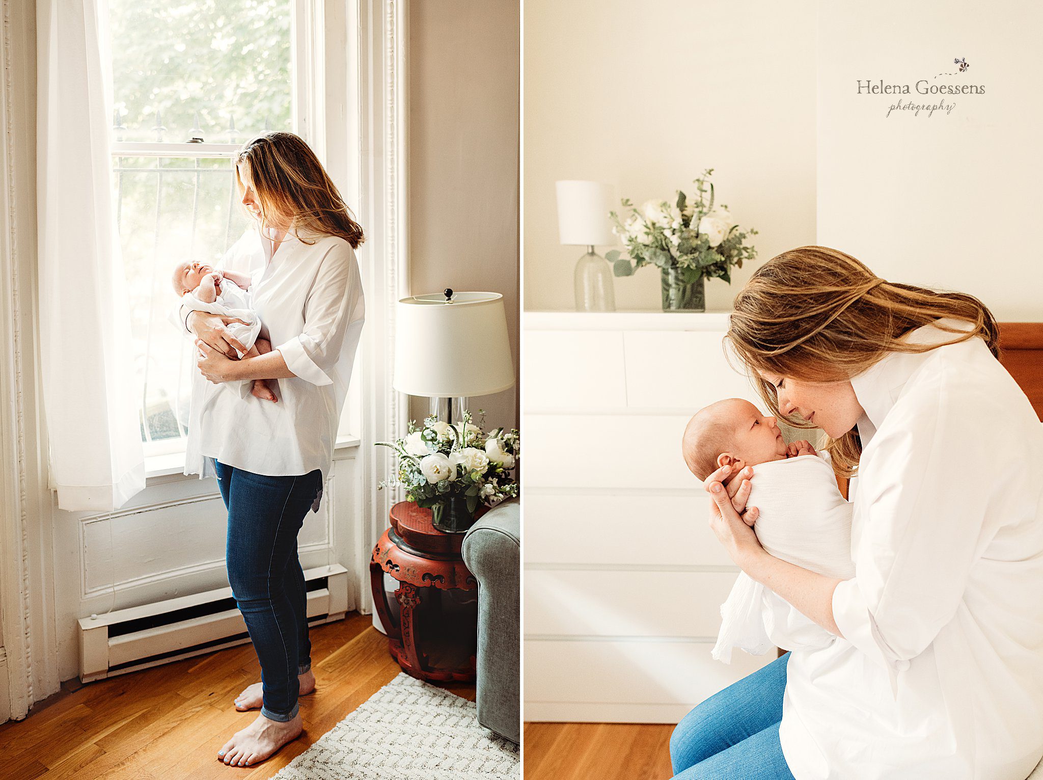 mom holds newborn baby boy by window during Boston MA newborn session at home 