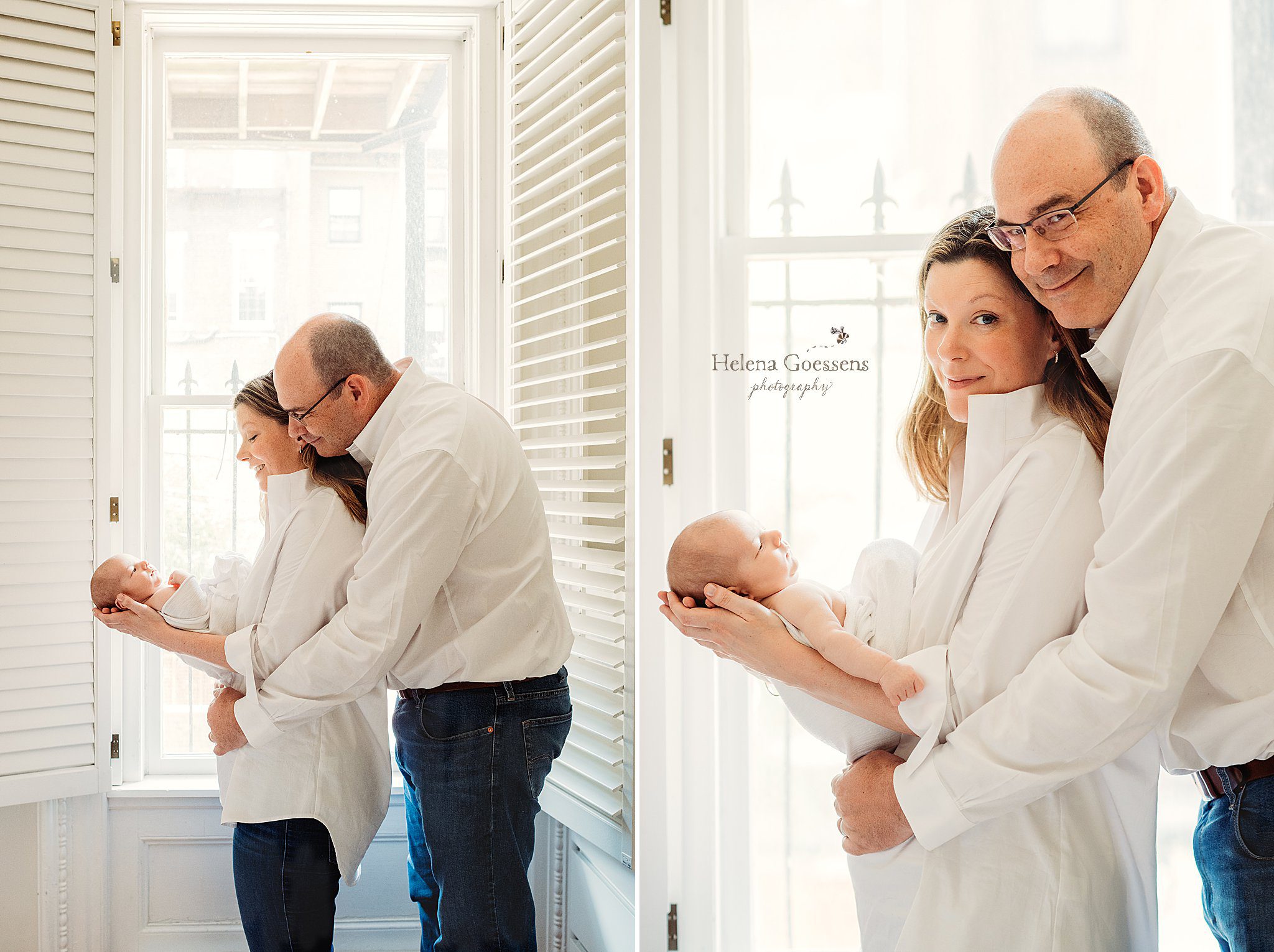 parents hold son by open window during South End newborn session