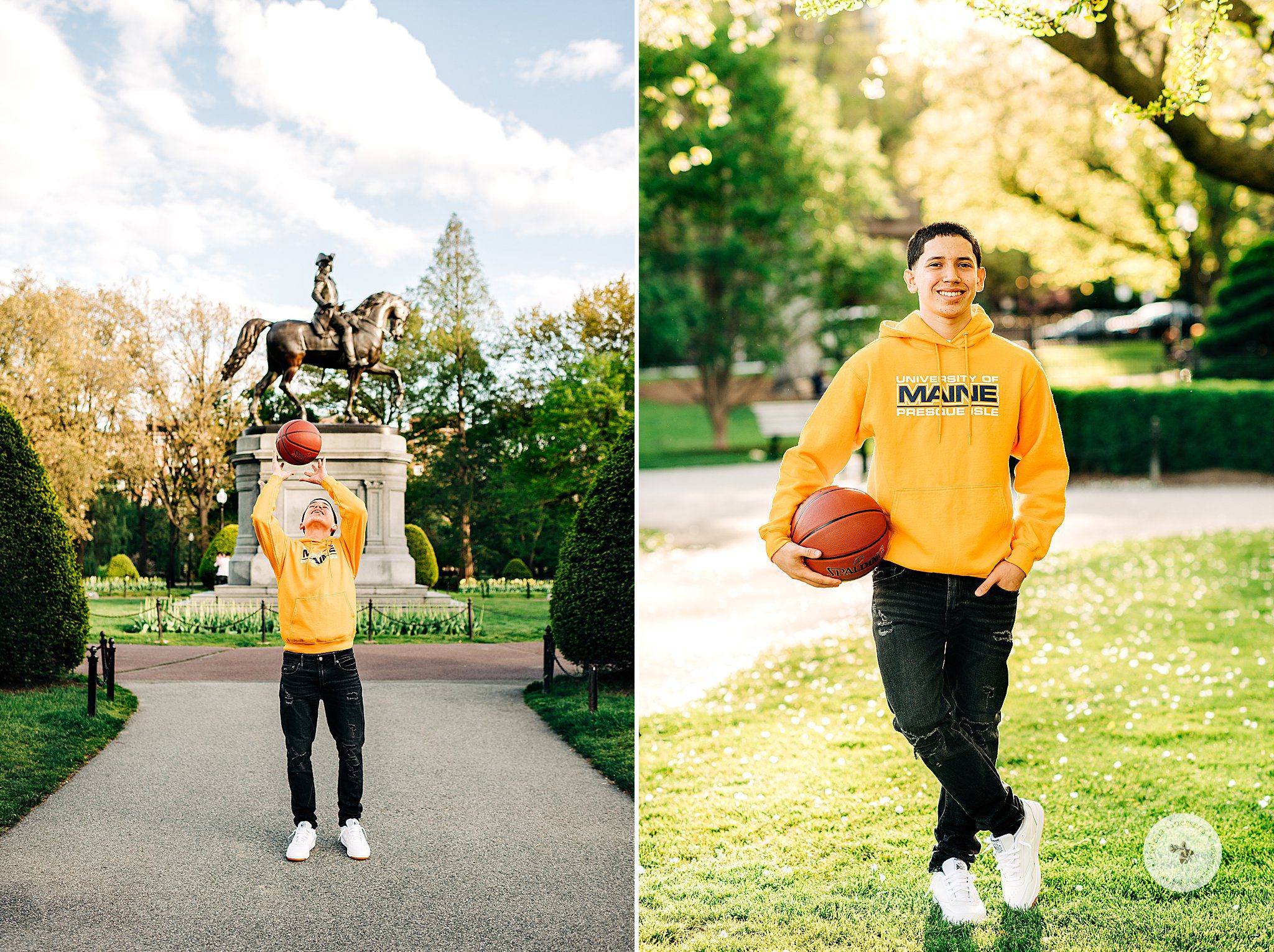 senior in University of Maine sweatshirt holds basketball by statue during Boston Public Garden senior session