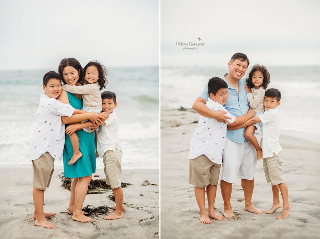 parents hug three children during family photos with Marshfield MA