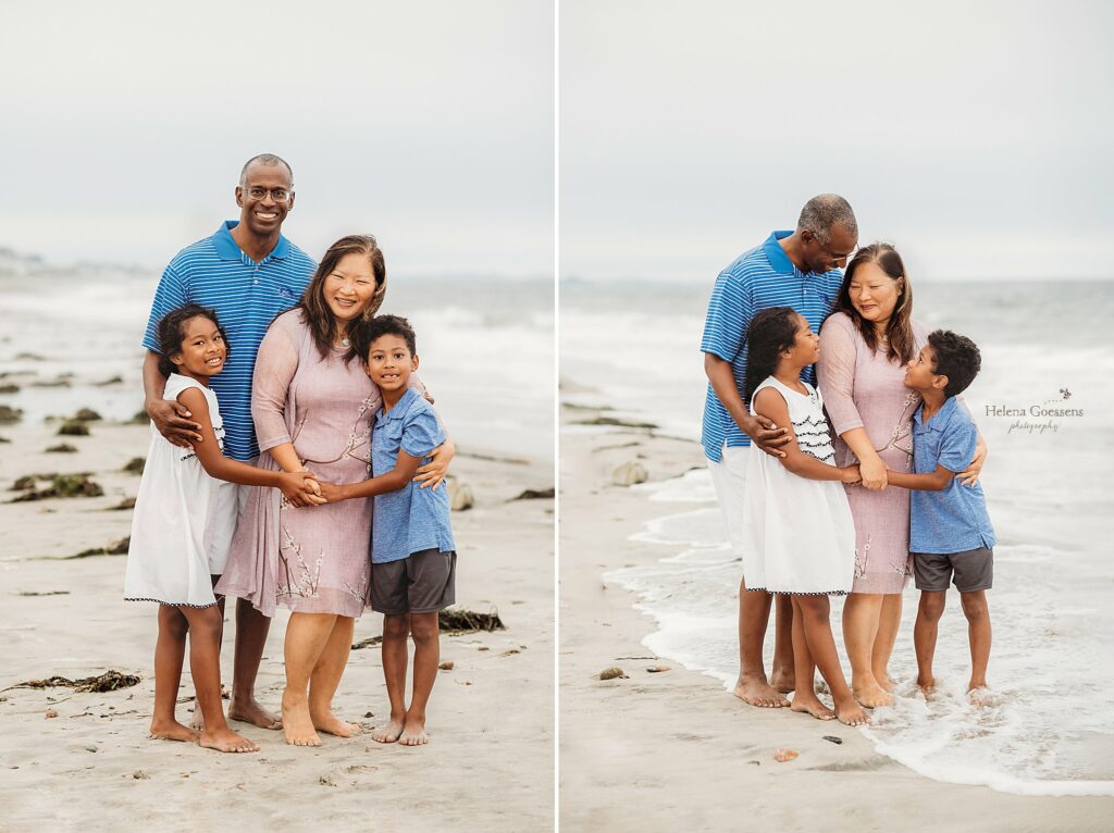 family of four snuggles along waterfront during Extended Family Portraits at Rexhame Beach
