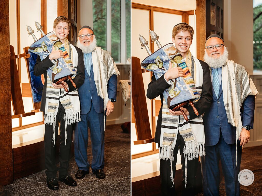 young man holds Torah before Bar Mitzvah at the Temple Beth Avodah