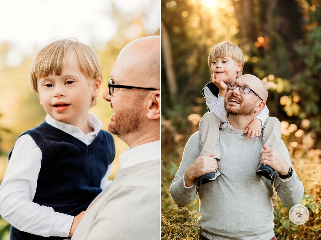 dad and son hug during fall family portraits at Larz Anderson Park