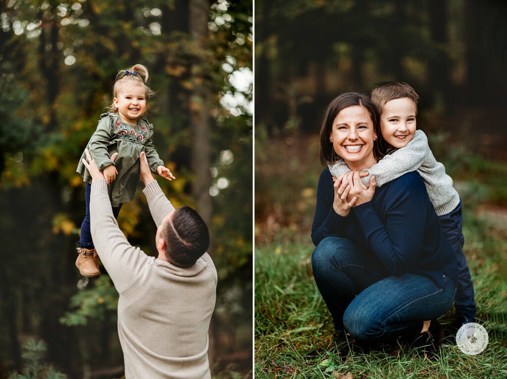 parents play with kids during fall portraits at the Bradley Estate