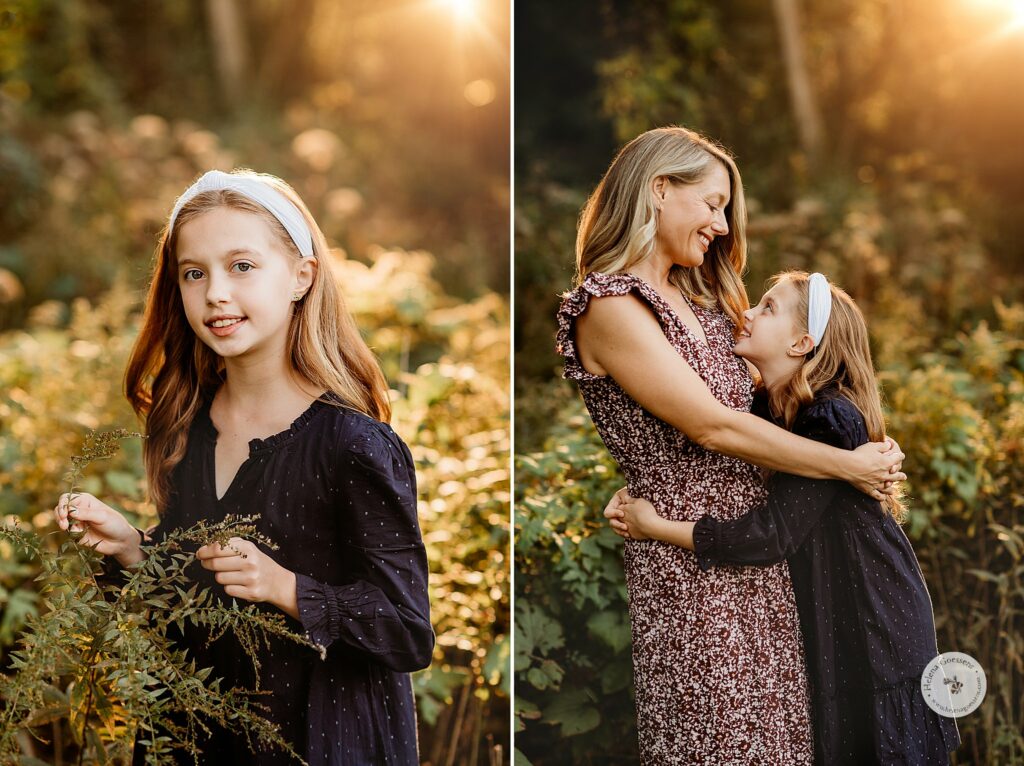mom and daughter hug during fall family portraits at Larz Anderson Park