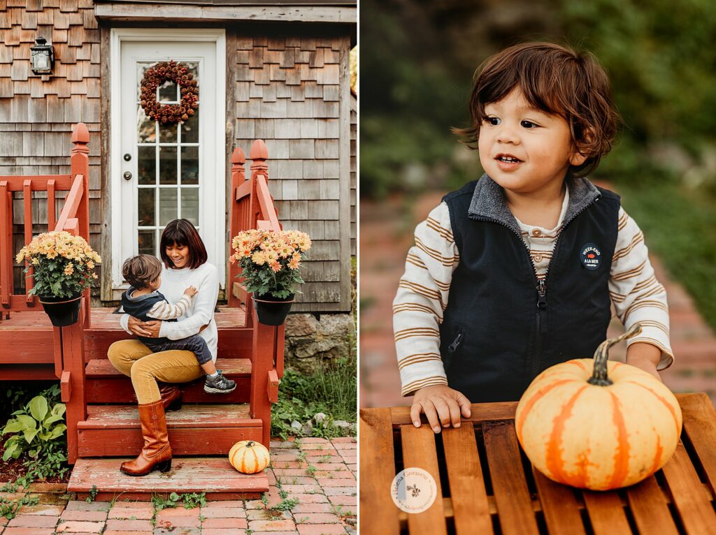 mom and son sit on back porch with pumpkins during Lifestyle Fall Family Portraits