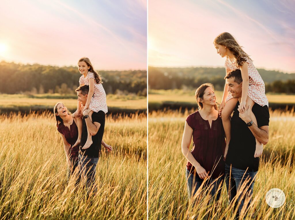 family laughs together in tall grass during sunset Rexhame Beach family photos