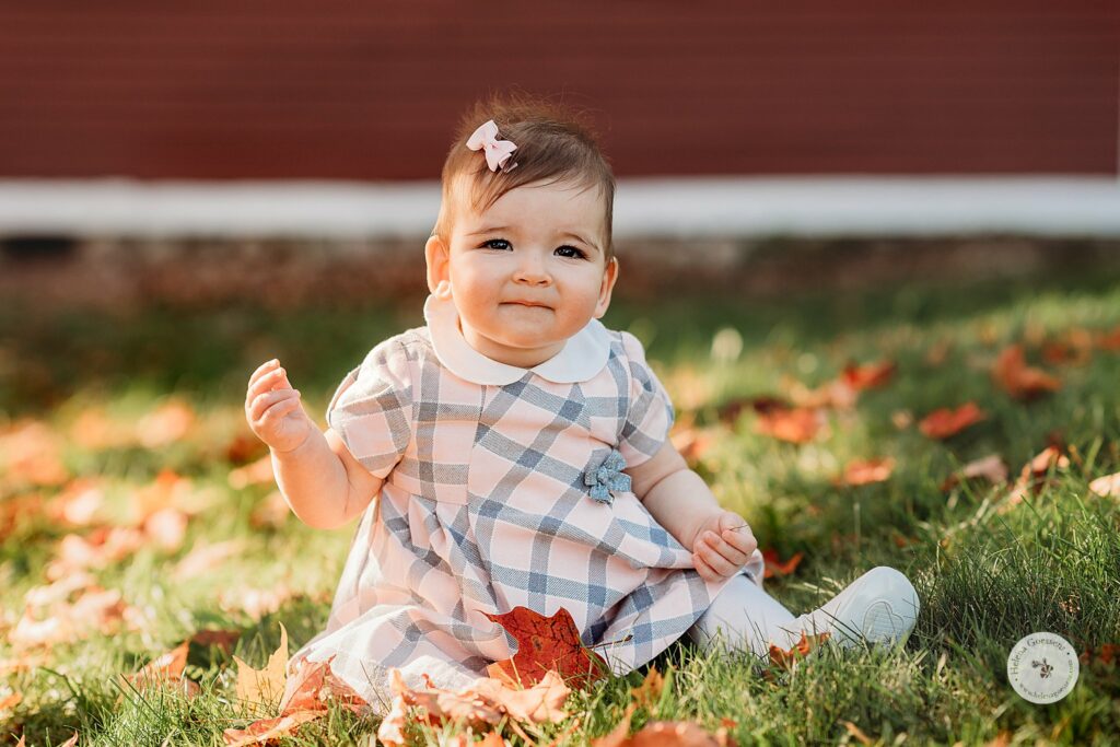 toddler sits in grass with leaves during fall family photos 