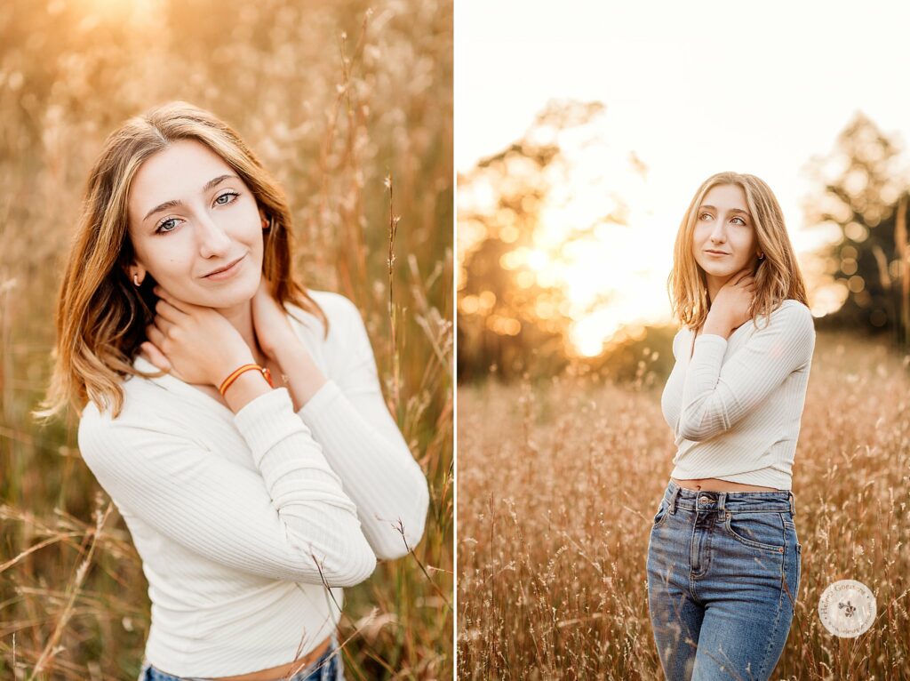 fall senior portraits at The Old Manse with senior in white top and jeans 
