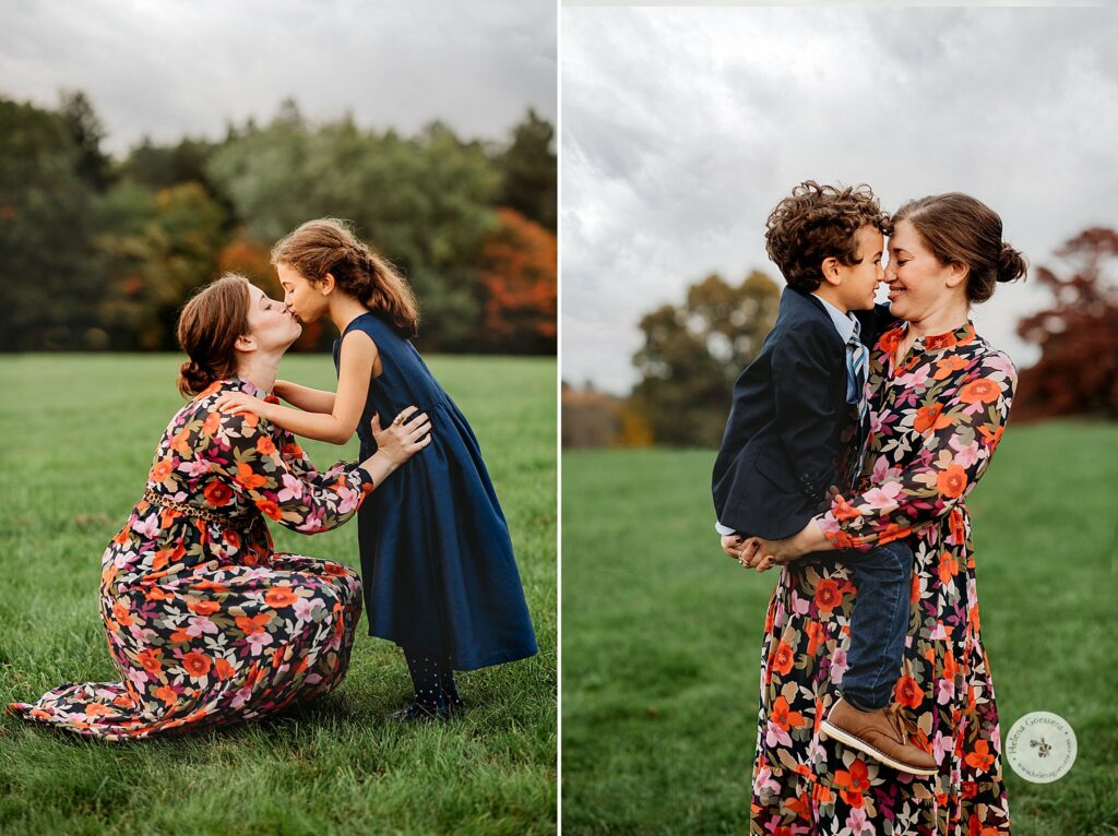 mom hugs children during fall family photos in MA
