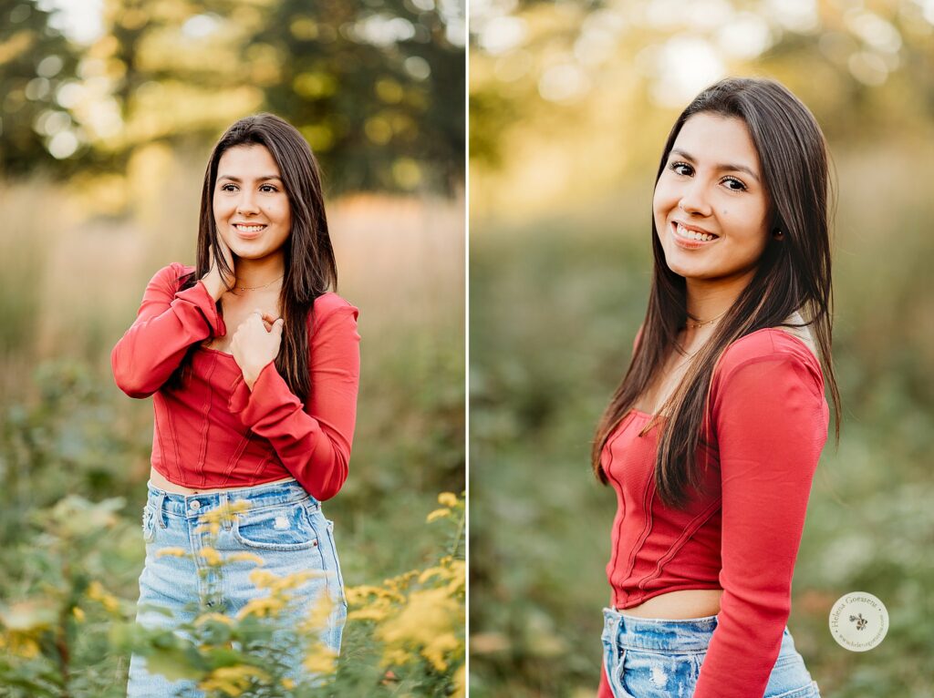 teen poses in red top during family portraits at The Old Manse 