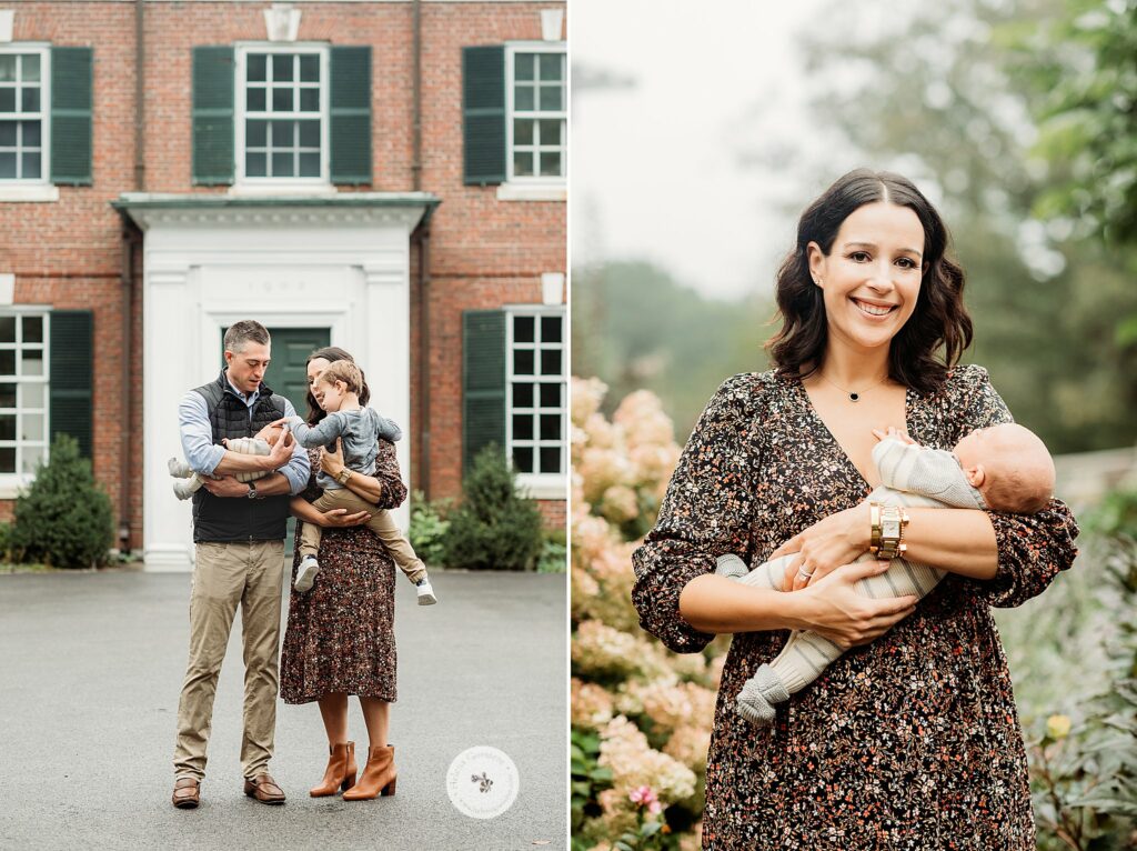 mom holds newborn son during Fall Family Portraits at the Bradley Estate