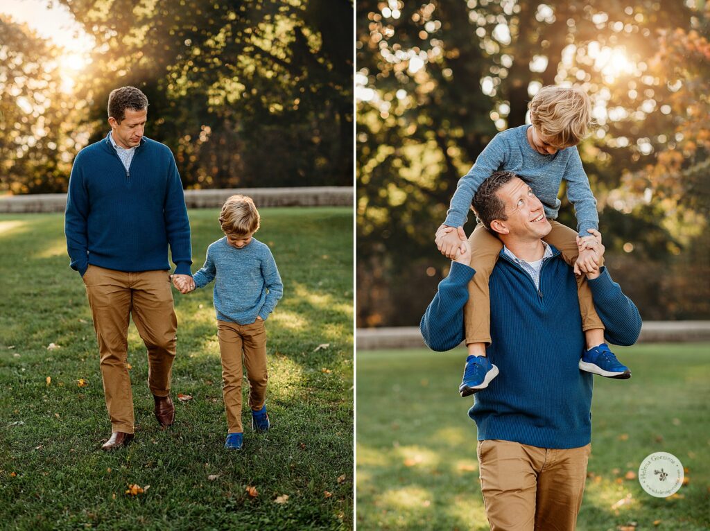 dad and older son walk through park during MA family photos 