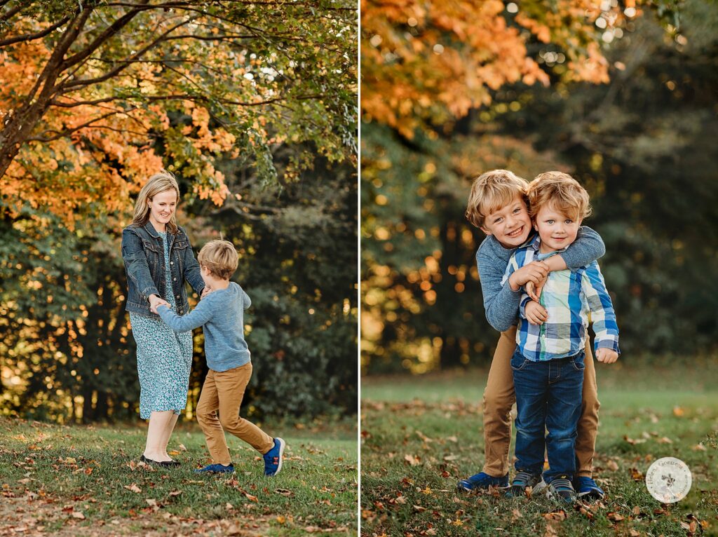 mom twirls around with son during family portraits in the fall