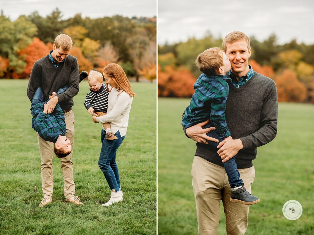 dad carries son during family photos in Boston MA