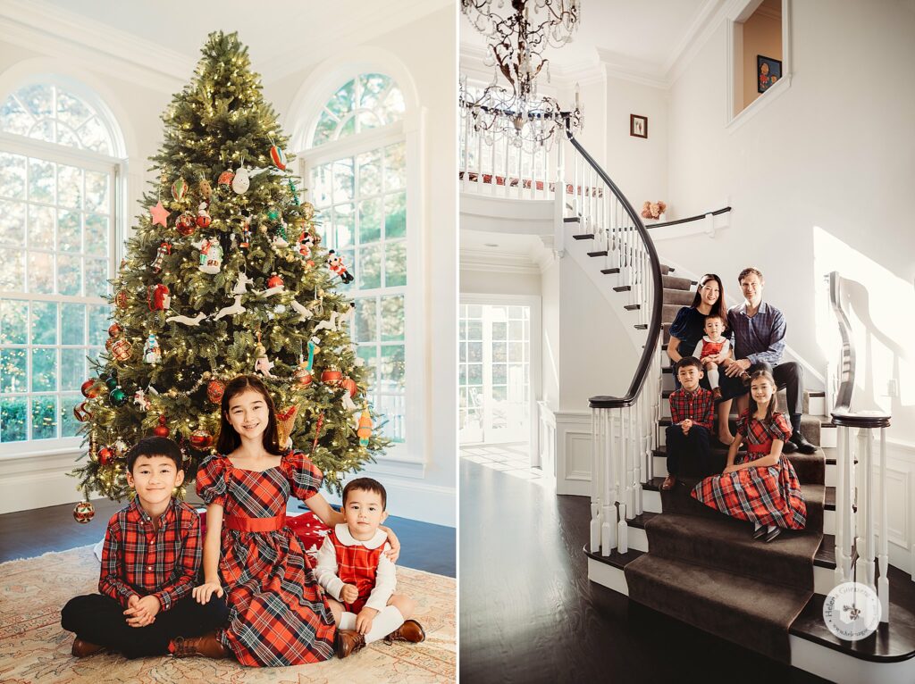 family sits by Christmas tree and on steps during Weston MA Lifestyle Holiday Family Portraits