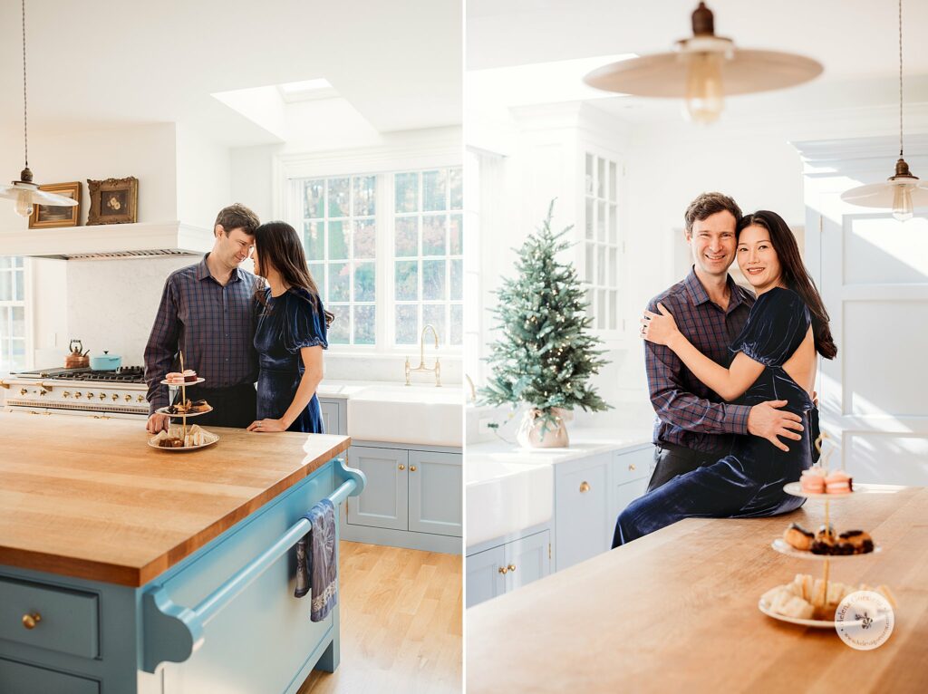 Weston MA Lifestyle Holiday Family Portraits for couple in kitchen 