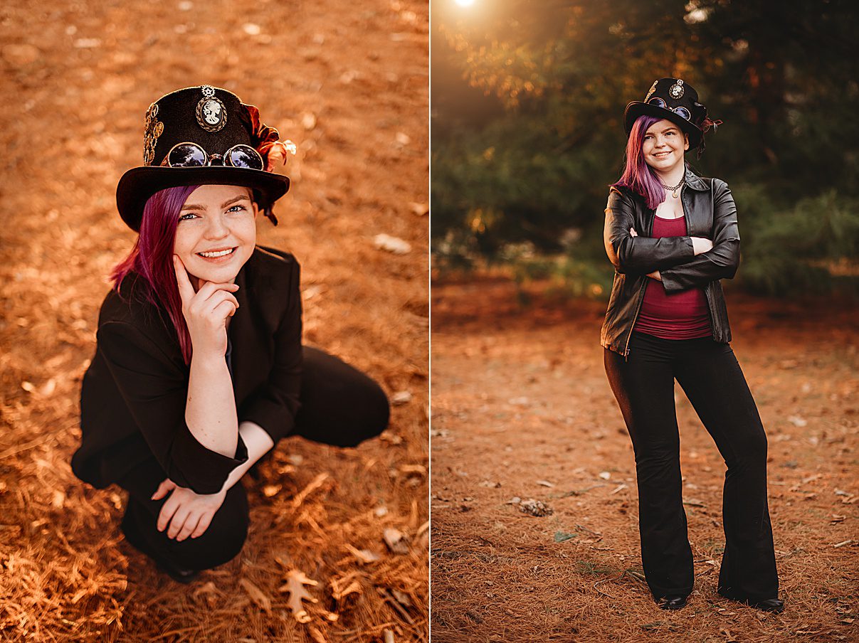 senior poses in custom jacket and hat during portraits at Arnold's Arboretum