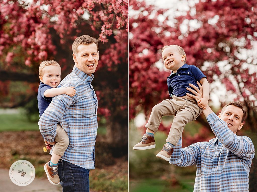 dad plays with son during spring photos in Boston MA