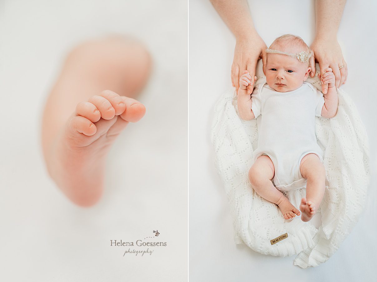 baby kicks feet during lifestyle newborn portraits in Dedham MA