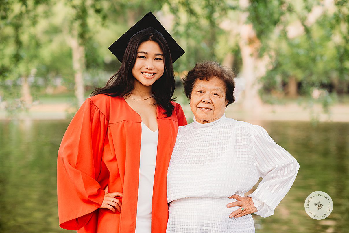 college graduate poses with grandmother in Boston Public Garden