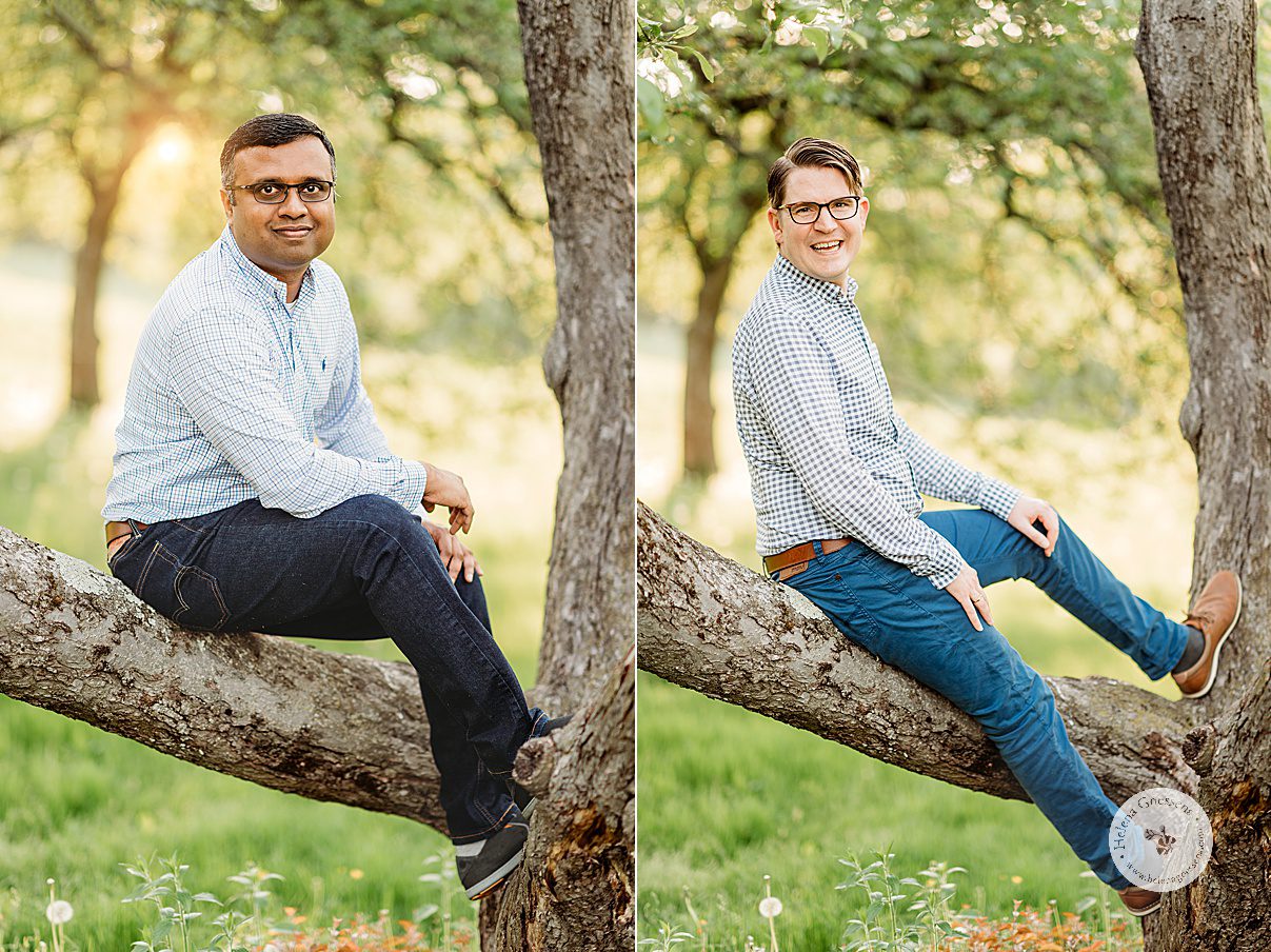 guys sit on tree branch during Jamaica Plain family portraits