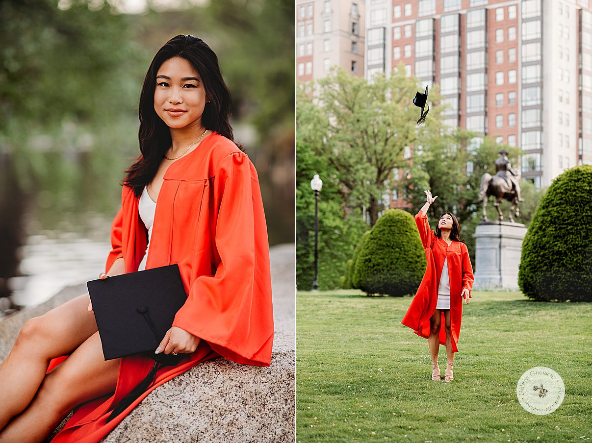 senior tosses cap during Boston University graduation portraits in Boston Public Garden 