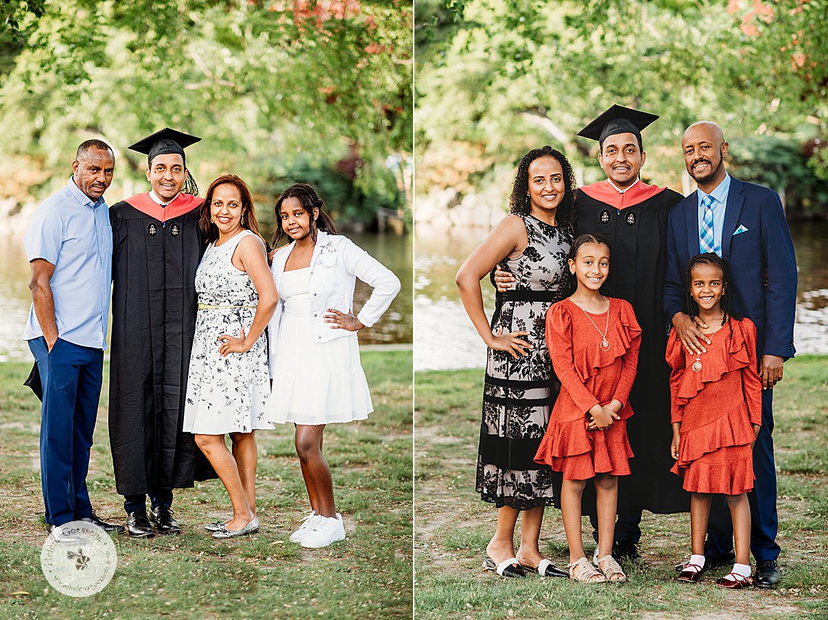 Harvard graduate poses with siblings and their kids during family photos in Boston Public Garden
