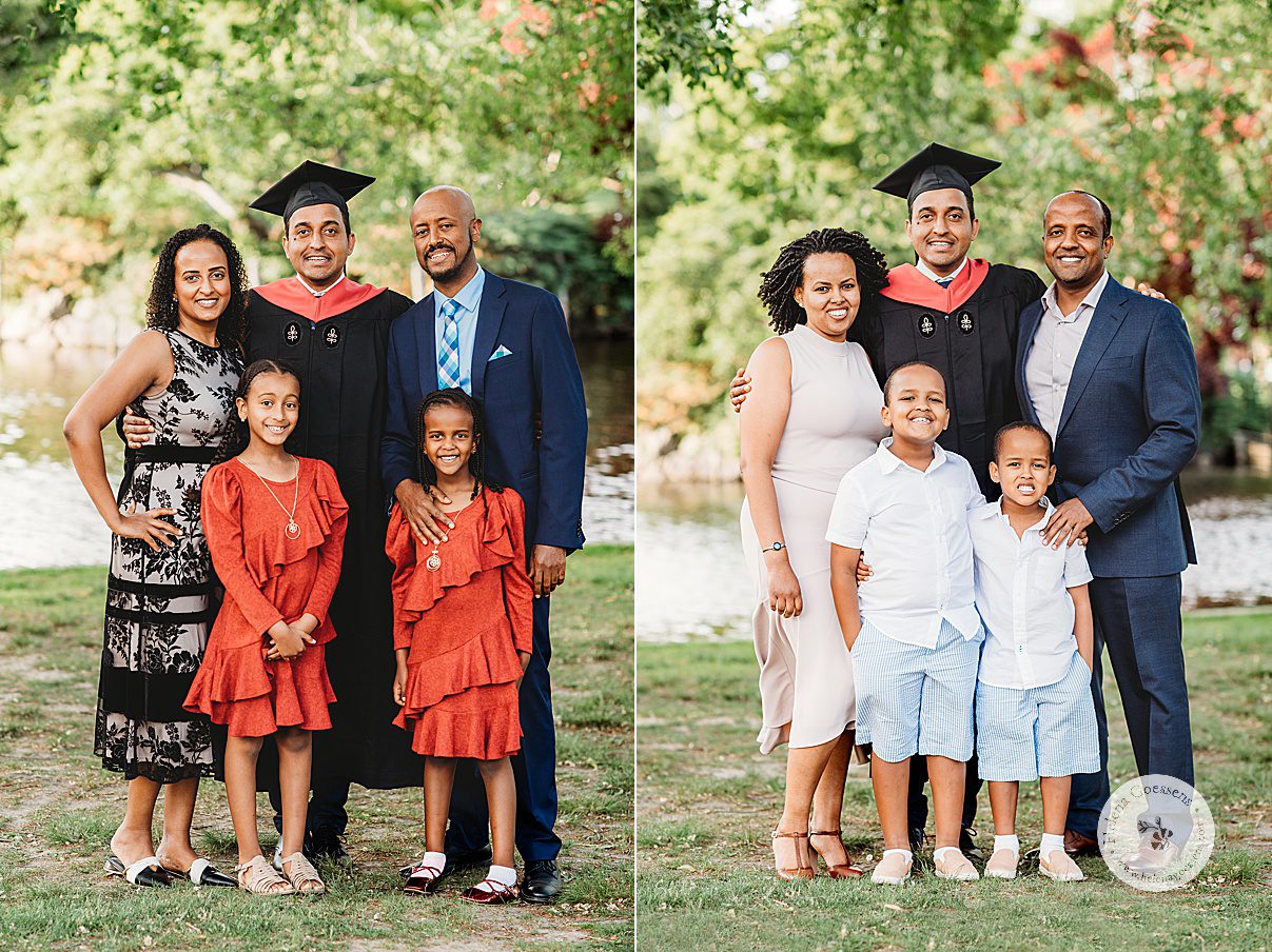 Harvard graduate poses with siblings, nieces, and nephews during senior portraits at Boston Public Garden
