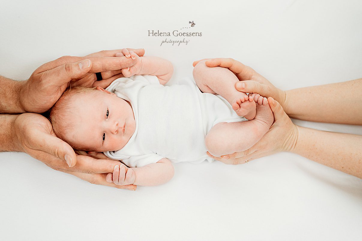 parents hold baby's arms and feet during lifestyle newborn portraits in Dedham MA