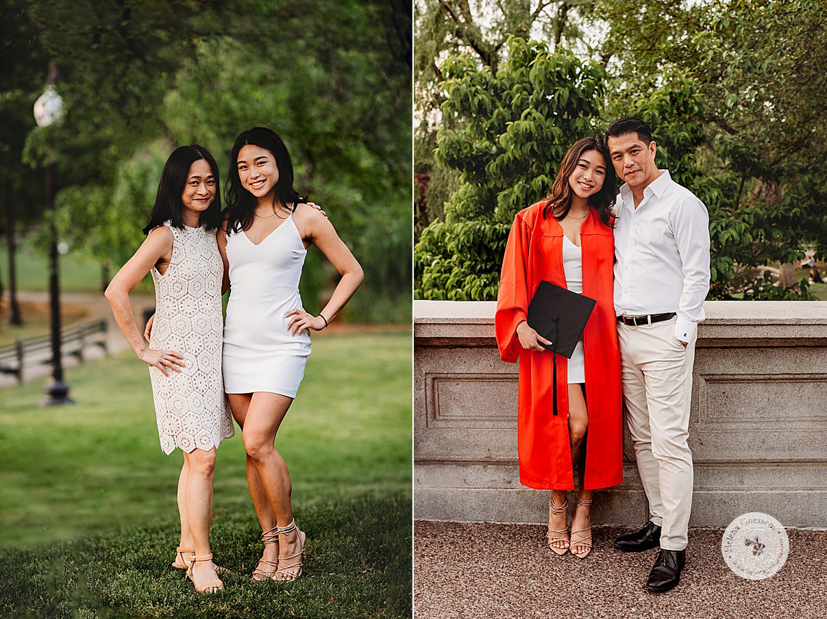 college grad poses with mom and dad during Boston University graduation portraits