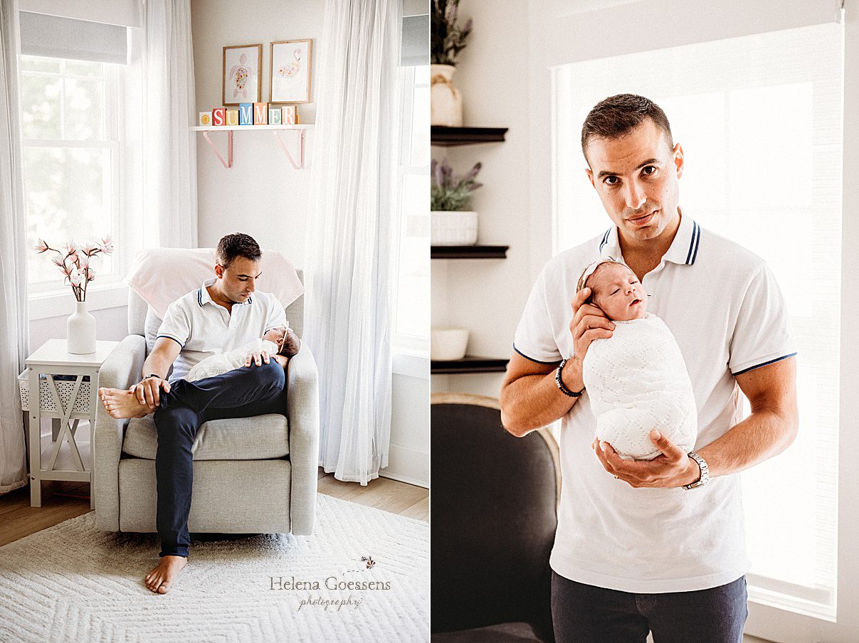 dad holds baby girl sitting in nursery during Newborn Session in Needham MA