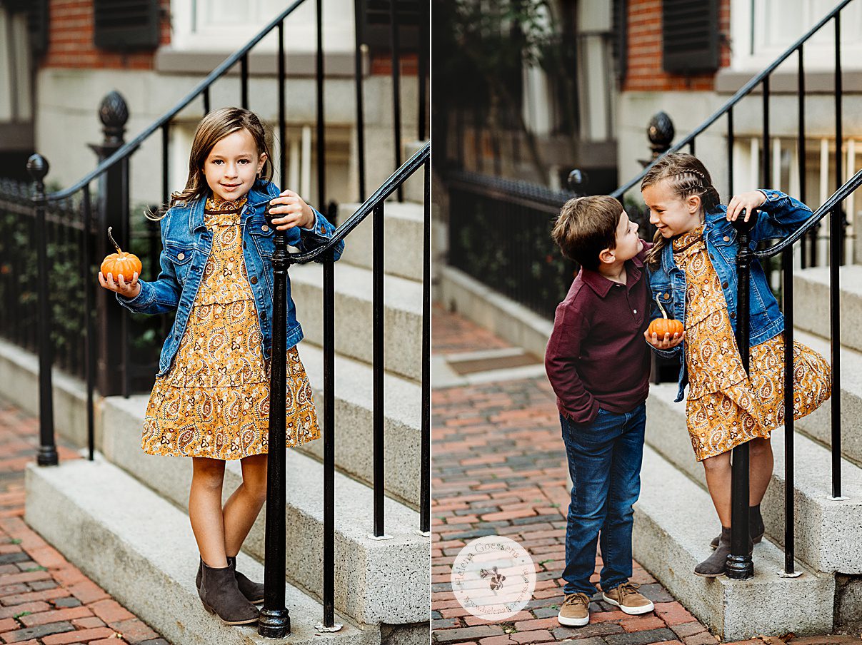 siblings stand on steps of Beacon Hill home in Boston MA