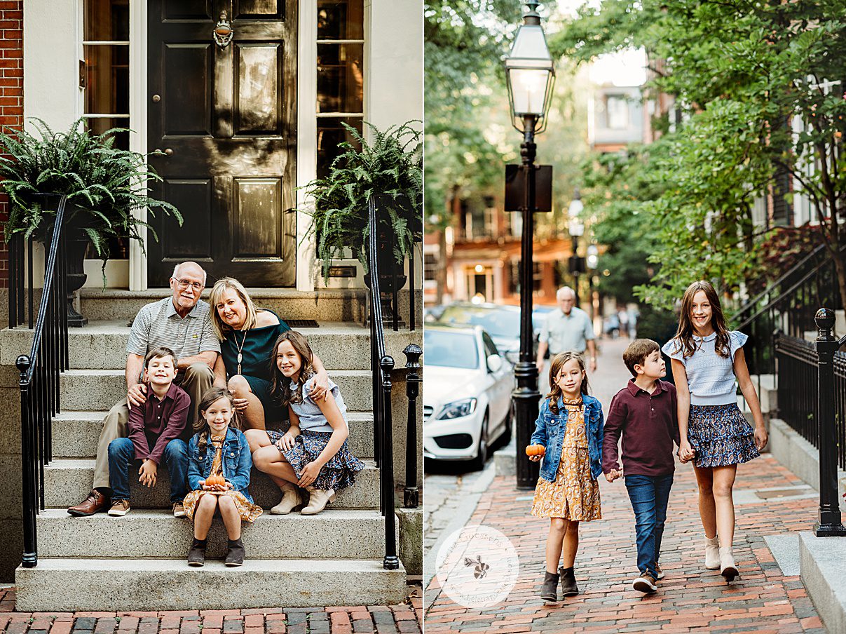 grandparents pose with three grandchildren on steps in Beacon Hill during fall family portraits 