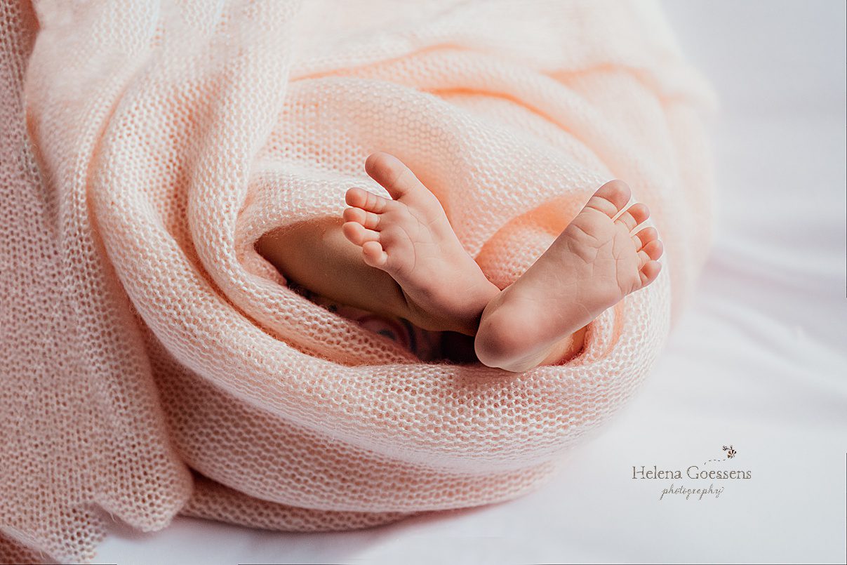 baby's feet stick out of peach blanket during MA newborn photos 