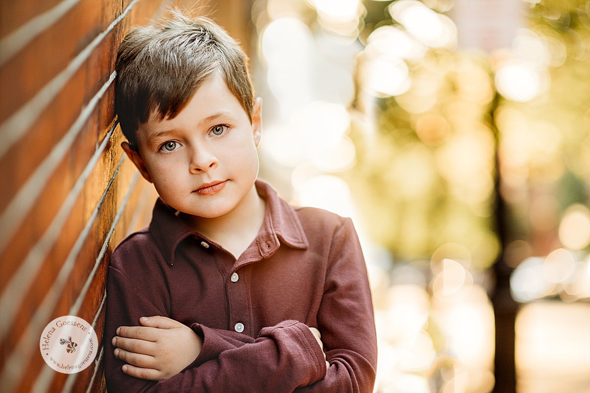 boy stares at camera in Boston MA during fall family portraits 