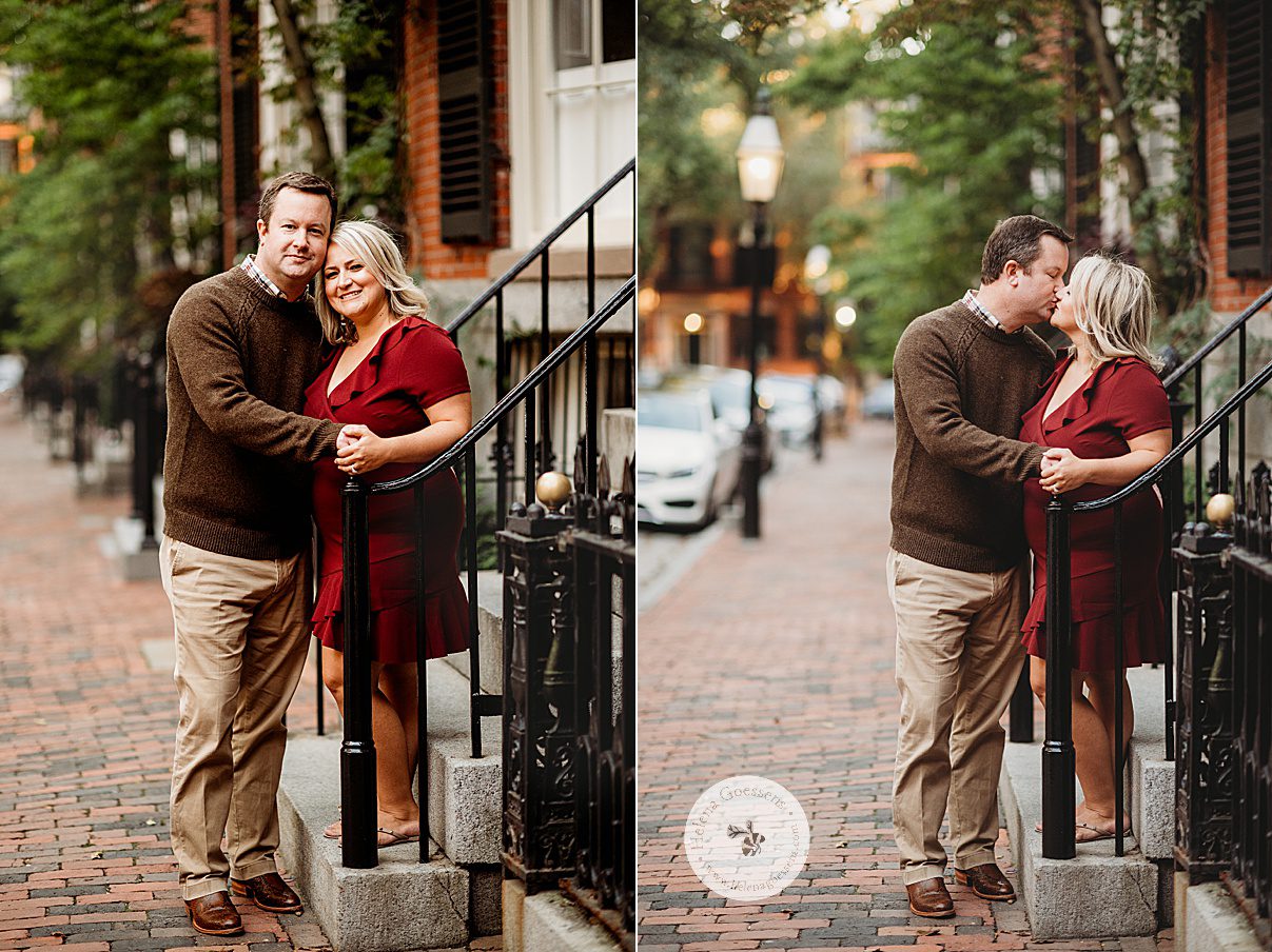 parents kiss on steps during fall family portraits in Beacon Hill 