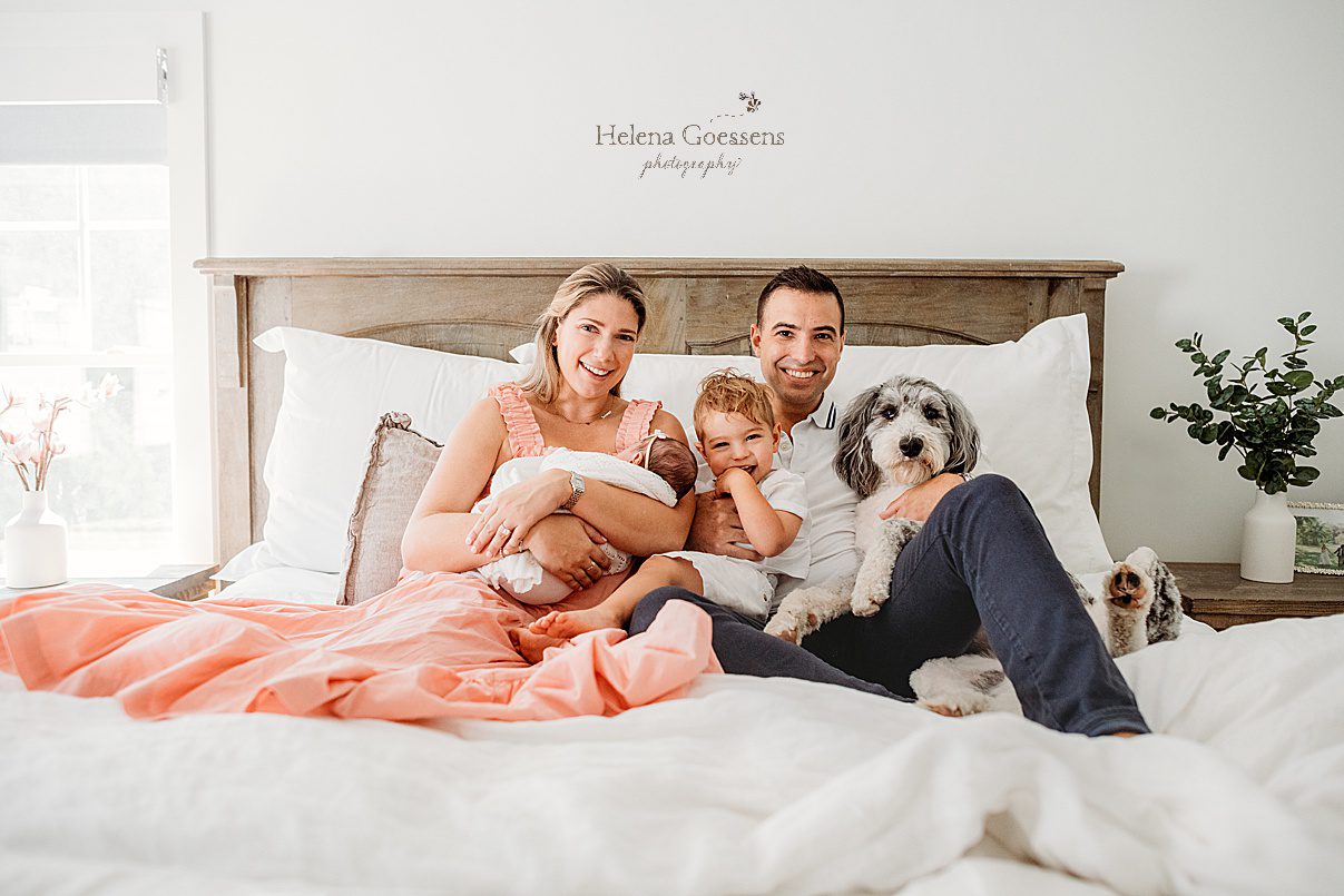 parents sit on bed with baby girl, toddler, and dog during Newborn Session in Needham MA