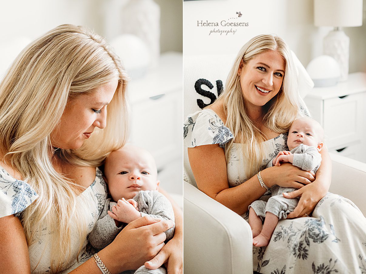 mom snuggles with son in nursery rocker wearing white dress during newborn session in Foxborough apartment