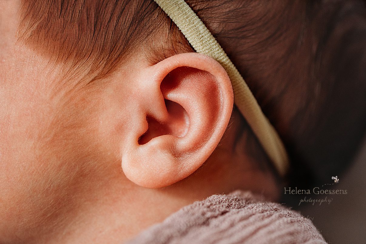 baby's little ear photographed during Dedham MA lifestyle newborn portraits 