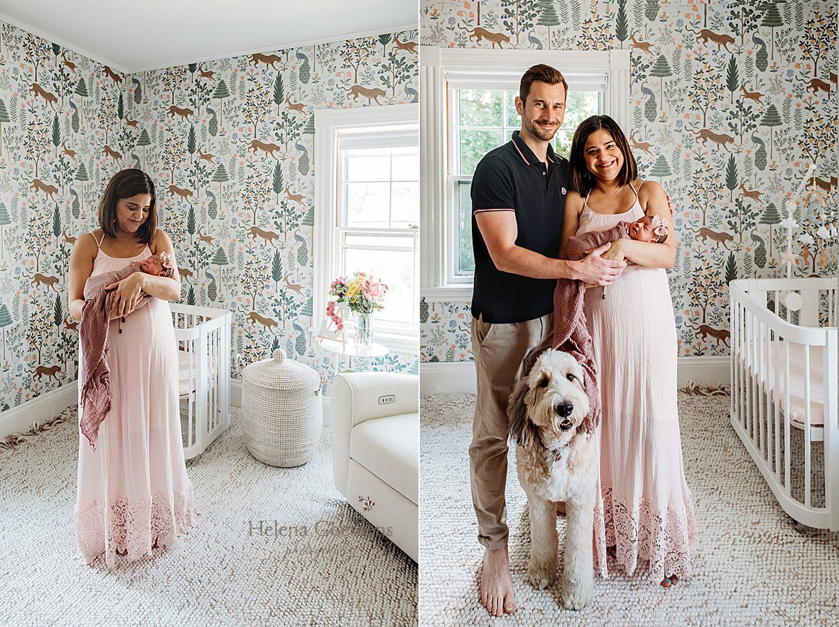 mom in pink dress holds baby girl in nursery during Dedham MA lifestyle newborn portraits 