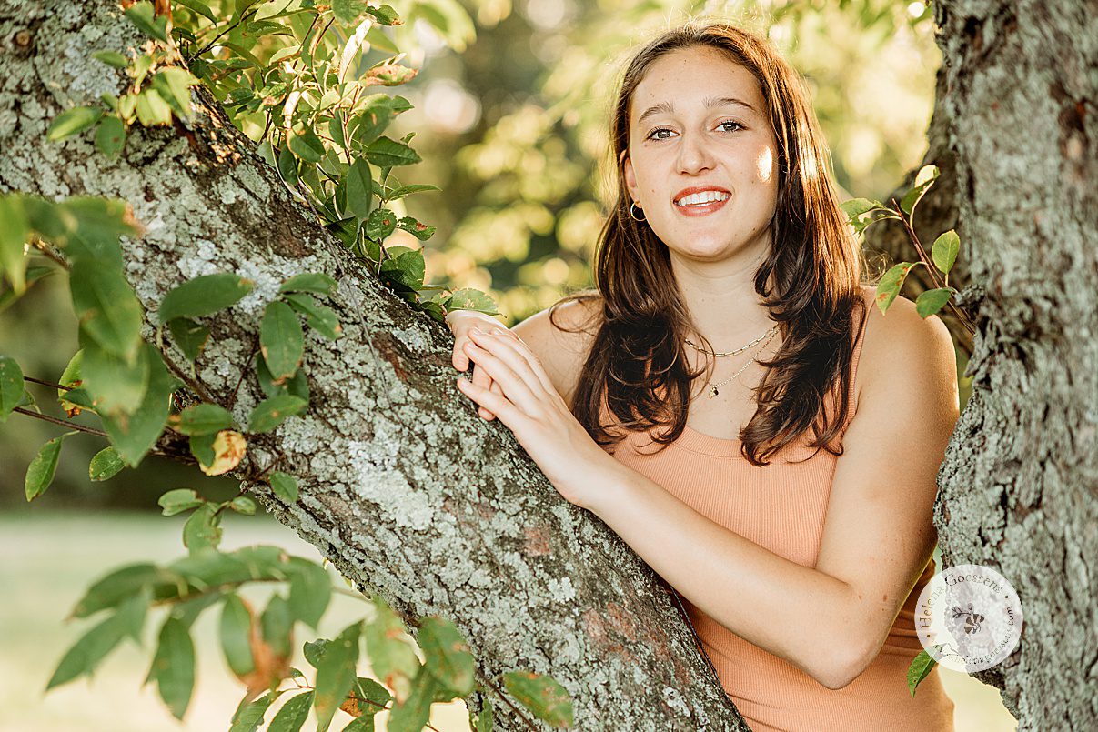 teenager in peach tank top sits in tree during family photos at Larz Anderson Park