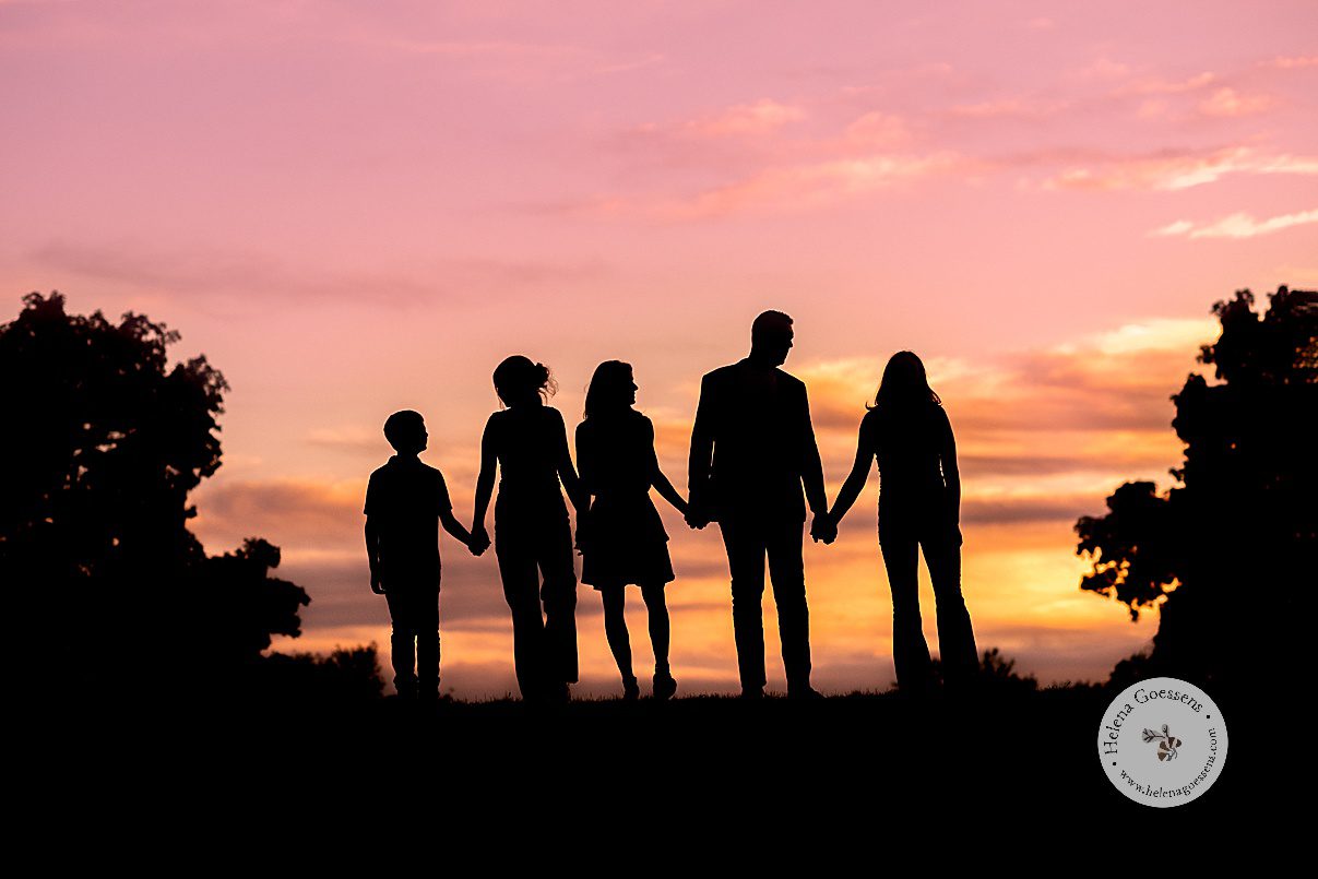 family of five holds hands at sunset in Larz Anderson Park