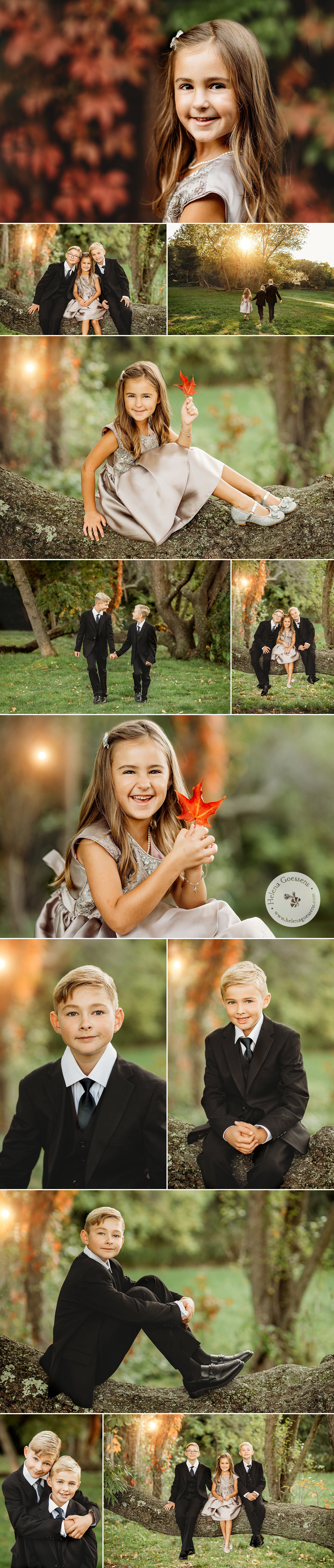 fall family portraits of three siblings in suits and elegant party dress at sunset in Larz Anderson Park in Brookline MA with Boston family photographer Helena Goessens Photography