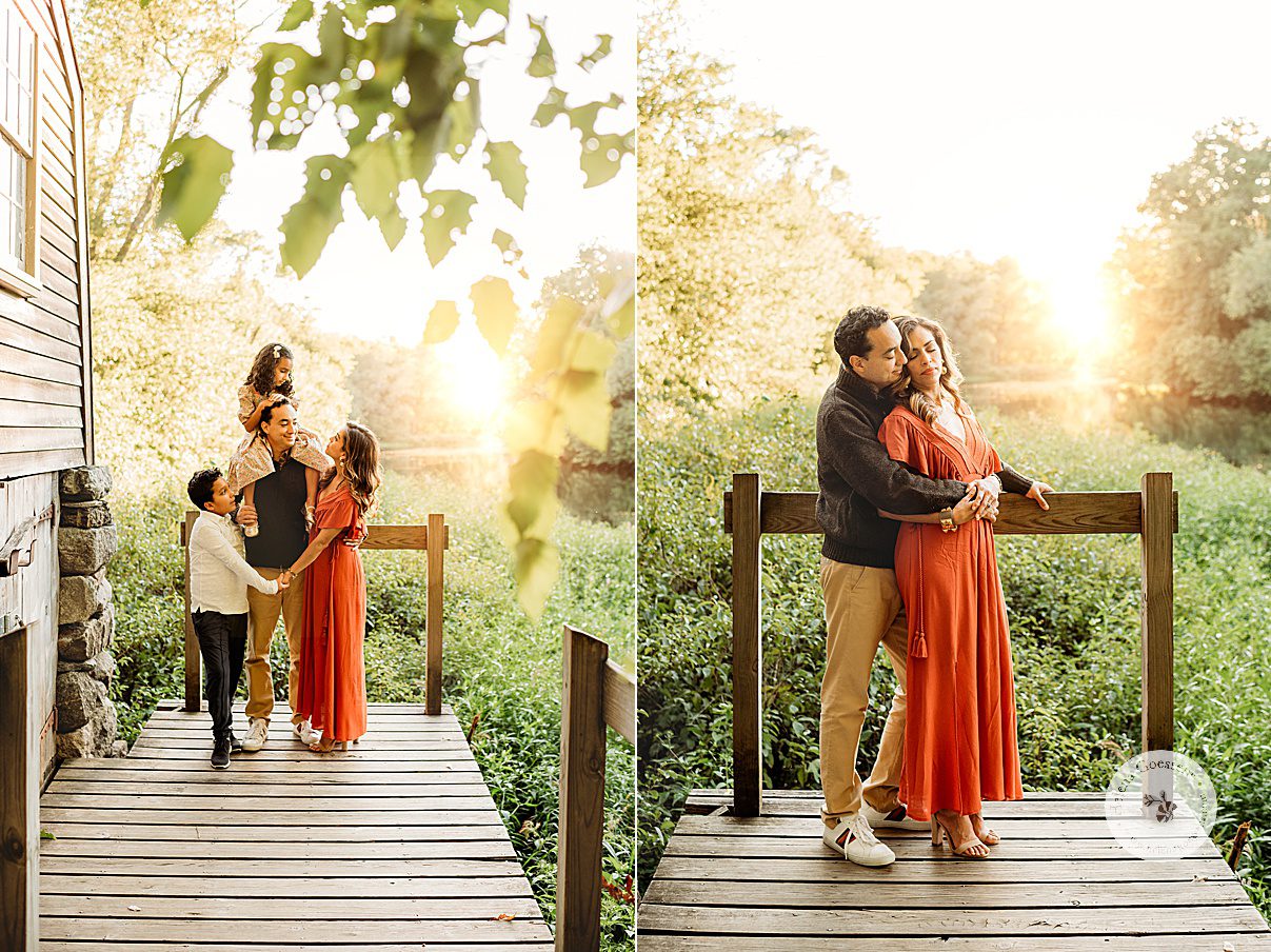 husband and wife hug on wooden walkway during Concord MA family portrait session in the fall