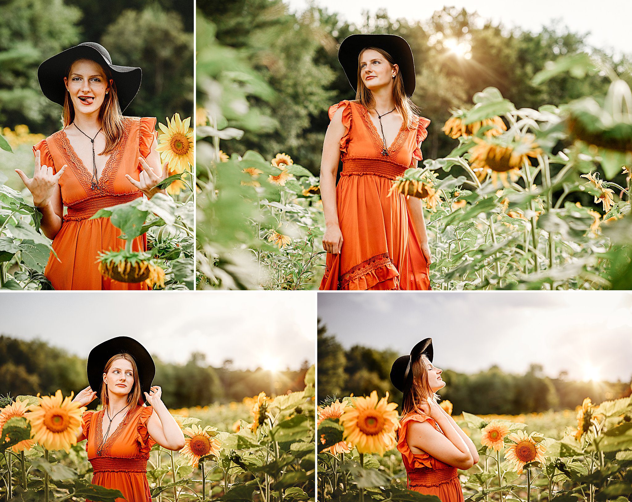summertime portraits in sunflower field teenager in orange gown photographed by Boston photographer Helena Goessens Photography